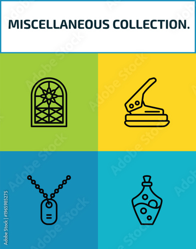 miscellaneous collection. outline icon set. 4 linear vector for ui, web and mobile. thin line stained glass window, puncher, army dog tag, alchemy icons.