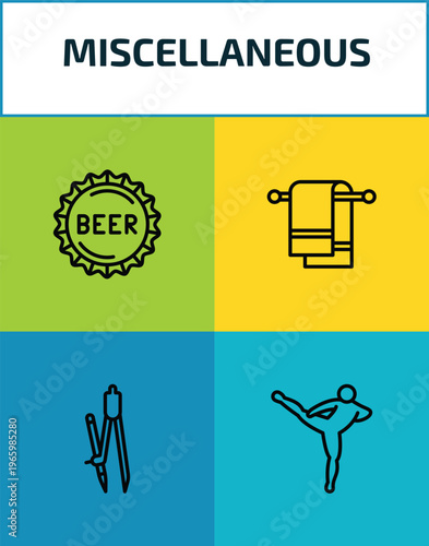 miscellaneous outline icon set. 4 linear vector for ui, web and mobile. thin line beer cap, towel rack, school compass, muay thai icons.