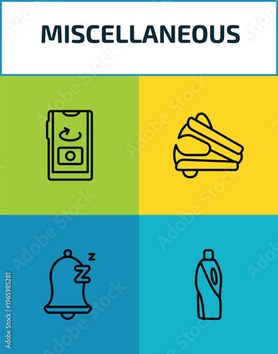 miscellaneous outline icon set. 4 linear vector for ui, web and mobile. thin line front camera, stapler remover, snooze, detergen icons.