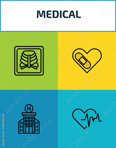 medical outline icon set. 4 linear vector for ui, web and mobile. thin line x ray of bones, cure, hospital building front, cardiogram icons.