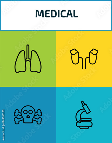 medical outline icon set. 4 linear vector for ui, web and mobile. thin line lungs, adrenal gland, dead, microscope tool icons.
