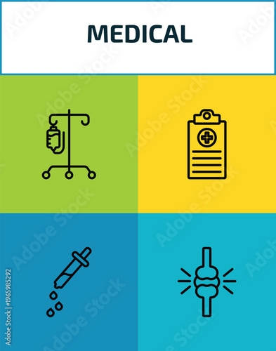 medical outline icon set. 4 linear vector for ui, web and mobile. thin line perfusion, medical records, eye dropper, knee icons.