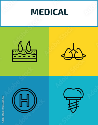 medical outline icon set. 4 linear vector for ui, web and mobile. thin line dermis, breath control, heliport, implants icons.