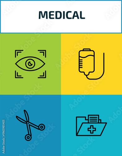 medical outline icon set. 4 linear vector for ui, web and mobile. thin line eye scanner medical, plasma, opened medical scissors, results folders icons.