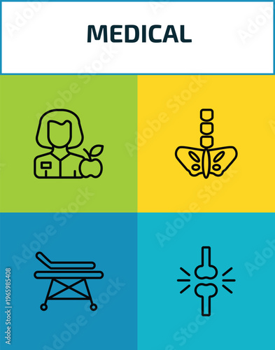 medical outline icon set. 4 linear vector for ui, web and mobile. thin line nutrionist, pelvic area, hospital bed side view, femur icons.
