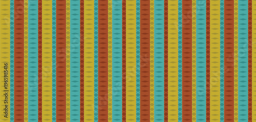 Seamless geometric striped pattern with abstract vertical lines and diamond shapes in gold, teal, and terracotta colors, ideal for modern decorative backgrounds and textiles