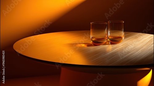 golden light pool on oak table with drink glasses at rim
