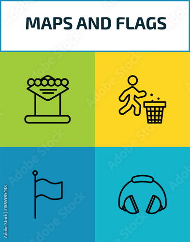 maps and flags outline icon set. 4 linear vector for ui, web and mobile. thin line las vegas, use dust bin, plain flag, ear protection icons.