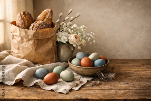 Rustic still life with colored eggs, crusty bread and flowers on wooden table for easter background and seasonal decoration