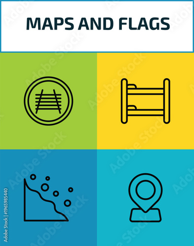 maps and flags outline icon set. 4 linear vector for ui, web and mobile. thin line rail crossing, dormitory, rock landslide safety, locator icons.