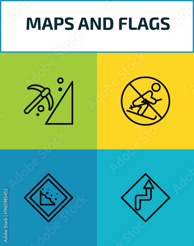 maps and flags outline icon set. 4 linear vector for ui, web and mobile. thin line mining work zone, no skiing, land slide, curves ahead icons.