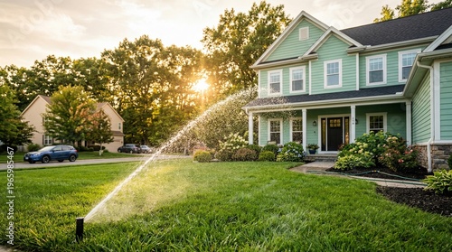  Lawn grass watering with automated sprinkler Irrigation & Landscaping Watering Systems residential irrigation system in action, highlighting home maintenance, landscaping aesthetics