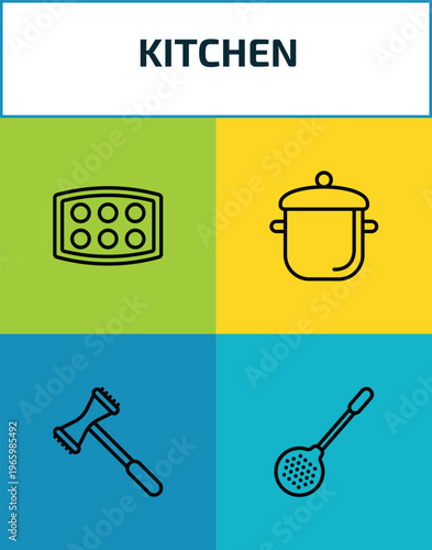 kitchen outline icon set. 4 linear vector for ui, web and mobile. thin line muffin pan, stew pot, meat tenderizer, skimmer icons.