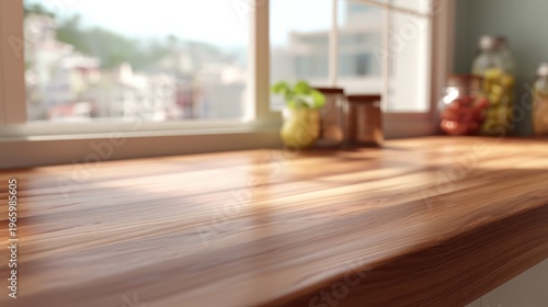 Wooden kitchen counter with morning sunlight and soft blurred background