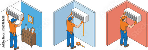 Isometric HVAC technician installing air conditioner wall unit step by step maintenance service cooling system repair indoor installation illustration