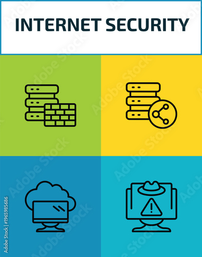 internet security outline icon set. 4 linear vector for ui, web and mobile. thin line firewall, data share, computing cloud, spyware icons.
