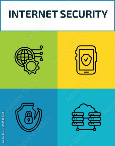 internet security outline icon set. 4 linear vector for ui, web and mobile. thin line network optimization, mobile phone security, internet attack, virtualization icons.