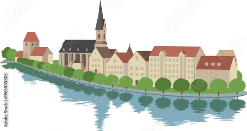 Isometric illustration of historic German town skyline with church, riverside promenade, trees and reflections in calm water on white background