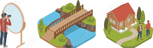 Isometric illustration set of photographer with mirror, wooden bridge over river, cozy countryside house with people outdoor lifestyle scenes