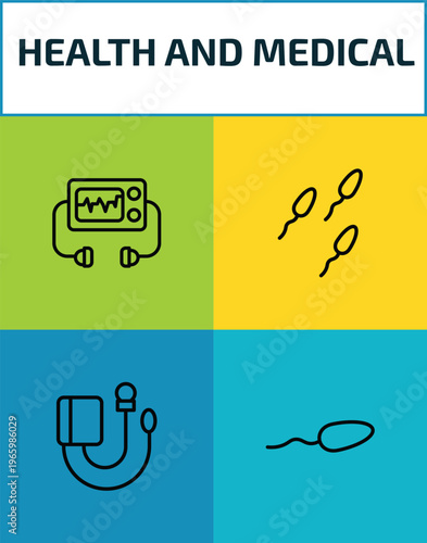 health and medical outline icon set. 4 linear vector for ui, web and mobile. thin line defibrillator, sperm, sphygmomanometer, spermatozoon icons.