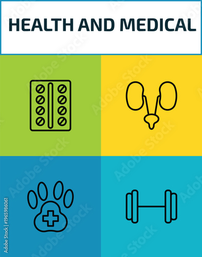 health and medical outline icon set. 4 linear vector for ui, web and mobile. thin line contraceptive pills, urology, veterinary, gym icons.
