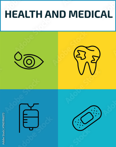health and medical outline icon set. 4 linear vector for ui, web and mobile. thin line eye drops, caries, saline, band aid icons.