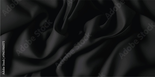 Black satin fabric with elegant rippled waves creates a smooth and shiny textile backdrop featuring soft drapery and luxury black silk material for fashion design decoration