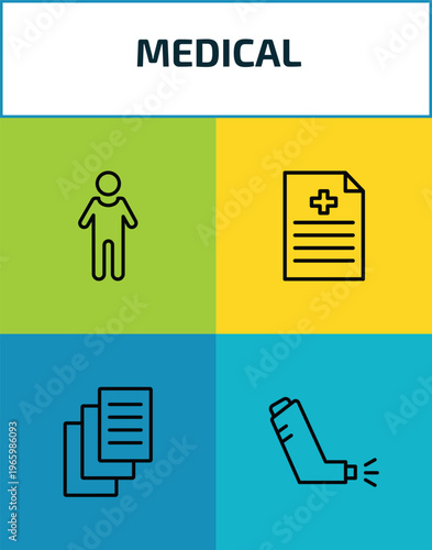 medical outline icon set. 4 linear vector for ui, web and mobile. thin line body, medical file, records, inhalator icons.