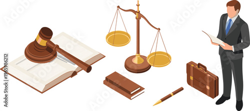 Isometric legal concept, justice scales and gavel, lawyer with documents, law books, courtroom symbols, legal services, judicial system illustration concept