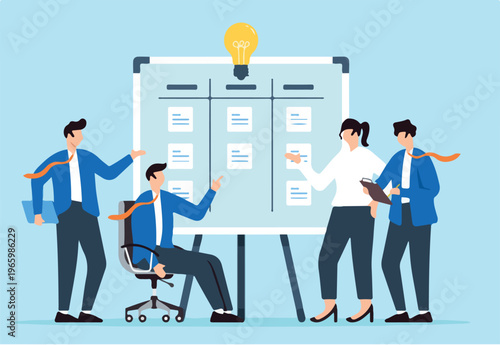 Vector illustration of team members categorizing ideas on whiteboard with sticky notes brainstorming session