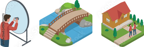 Isometric lifestyle illustration with photographer using mirror, wooden bridge over river, and couple near cozy house in natural outdoor setting