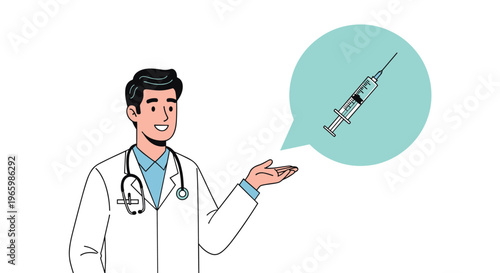 Friendly male doctor in white lab coat gesturing towards a green speech bubble showing a medical syringe for vaccination.
