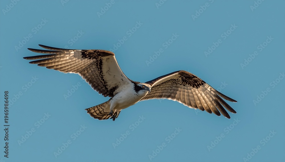 Obraz premium A majestic osprey with striking white and brown plumage soars gracefully through a clear, brilliant blue sky.