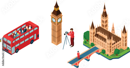 Isometric London city scene with Big Ben double decker bus Westminster Bridge and Parliament landmark travel illustration design concept