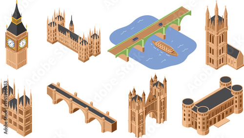 Isometric London landmarks collection with Big Ben Westminster Abbey Tower Bridge Thames river scenes and historic British architecture illustration set