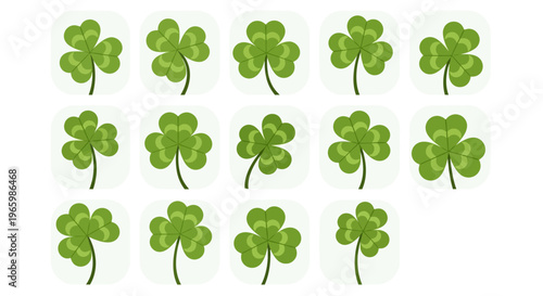 A charming collection of vibrant green three-leaf clovers, symbolizing luck and St. Patrick's Day, beautifully arranged as simple graphic illustrations.