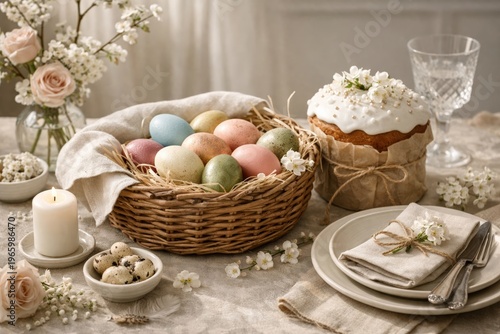 Rustic easter still life with wicker basket of colored eggs and decorated cake for spring table background and holiday styling
