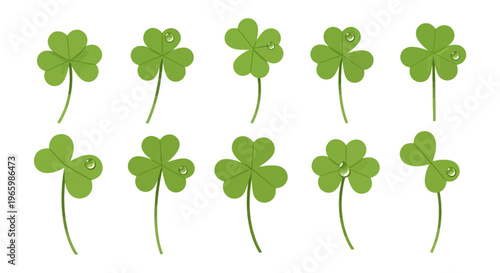 A vibrant collection of ten green shamrocks, each featuring delicate water droplets, isolated on a pure white background, symbolizing good luck.