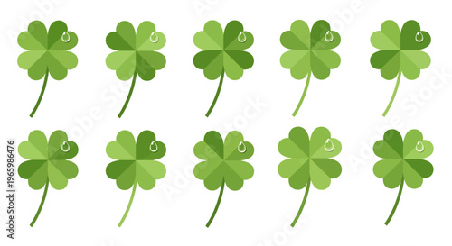 Ten vibrant four-leaf clovers, each adorned with a glistening dewdrop, symbolizing good fortune, success, and prosperity on a clean white background.