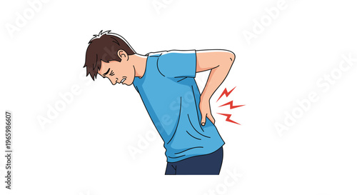 Young man suffering from severe lower back pain or spinal injury while standing against a plain white background for medical health care.
