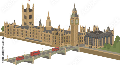 Isometric London Parliament with Big Ben Westminster Bridge and city buildings, detailed British landmark illustration for travel architecture and urban design