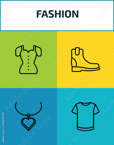 fashion outline icon set. 4 linear vector for ui, web and mobile. thin line blouse with buttons, boot for women, heart pendant, white t shirt icons.
