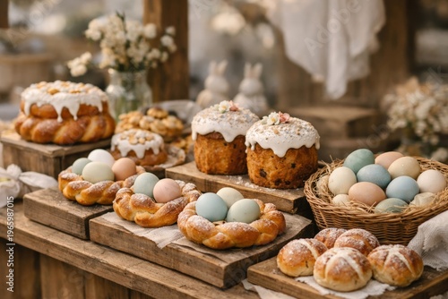 Rustic easter bakery display with braided bread, glazed cakes and pastel eggs for holiday market background