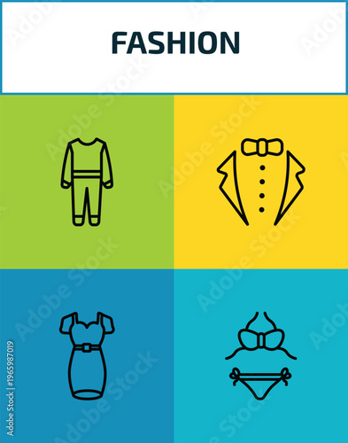 fashion outline icon set. 4 linear vector for ui, web and mobile. thin line working coverall, tux, dress with belt, women swimsuit icons.