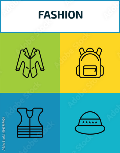 fashion outline icon set. 4 linear vector for ui, web and mobile. thin line jacket with pockets, book bag, safety shirt, general helmet icons.