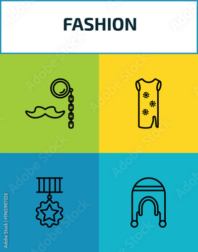 fashion outline icon set. 4 linear vector for ui, web and mobile. thin line monocle, tunic, star medal, coif icons.