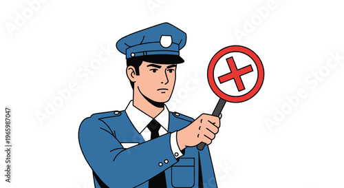 Official male police officer in blue uniform holding a circular sign with a red cross mark to signal a stop.