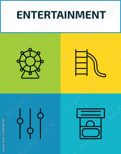 entertainment outline icon set. 4 linear vector for ui, web and mobile. thin line spinning wheel, toboggan, controls, ticket booth icons.