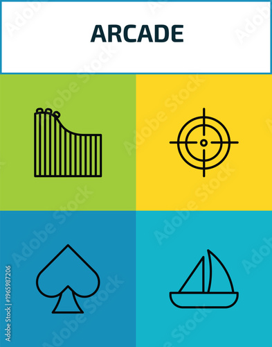 arcade outline icon set. 4 linear vector for ui, web and mobile. thin line roller coaster, shooter, ace of spades, sailing boat icons.