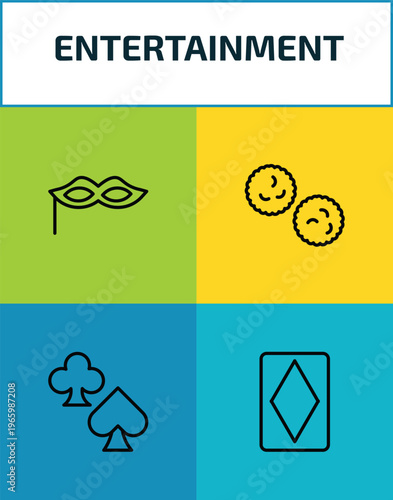 entertainment outline icon set. 4 linear vector for ui, web and mobile. thin line masquerade, pom pom, poker, diamond ace icons.
